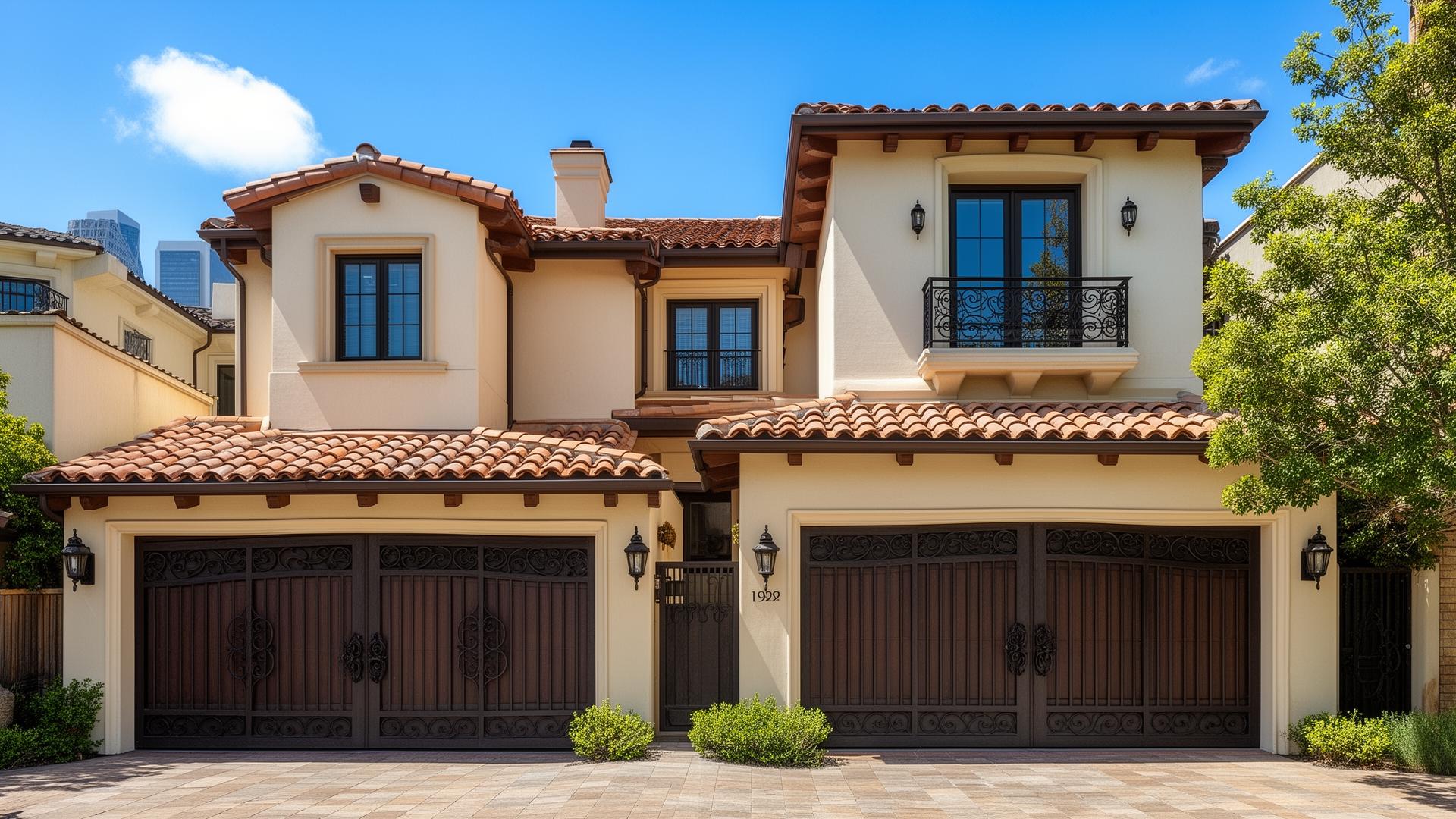 Luxury Spanish colonial style garage doors with decorative iron grilles on upscale townhouse in Nahant MA